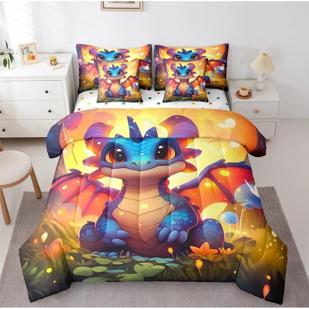Cartoon Dragon Bed in a Bag Comforter Set, Magical Animal Twin Size 7 Piece Set